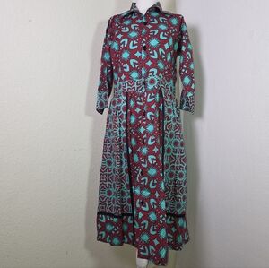 NASHONA 100% Cotton Button-Front Midi Dress – Red & Teal Geometric Print Sz M